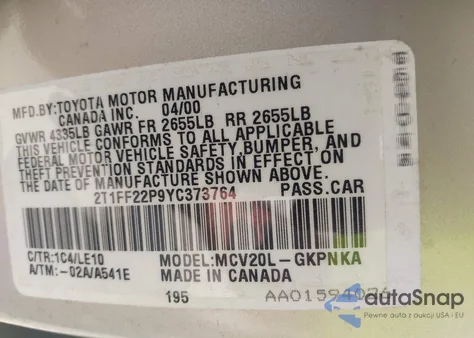 2000 Toyota Camry Solara Sle V6 from USA, damaged, VIN 2T1FF22P9YC373764